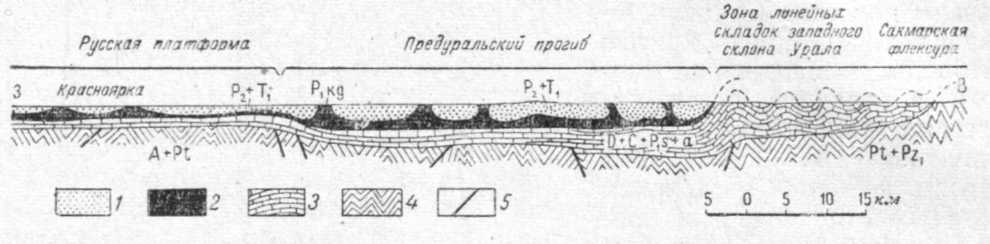 Идеализированный поперечный разрез части Уральской зоны складча­тости
